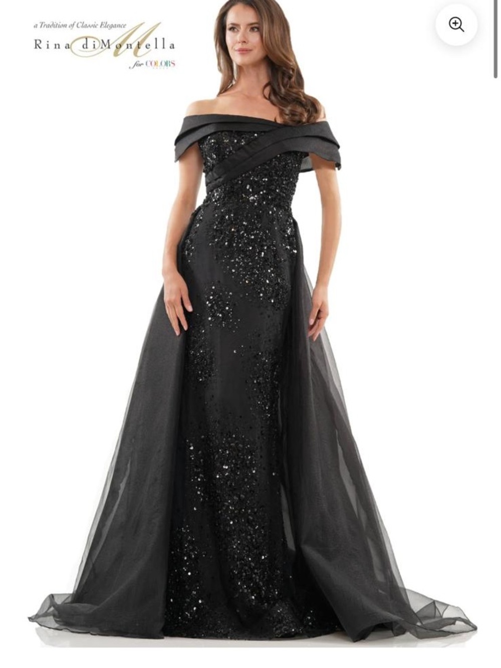 Rina diMontella Black Off-Shoulder Sequin Evening Gown